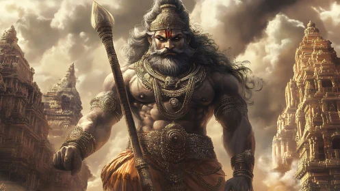 Thunder-eyed temple titan strides through storm-carved clouds