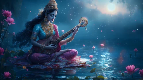 Moonlit goddess with veena by lotus pond in mystical haze