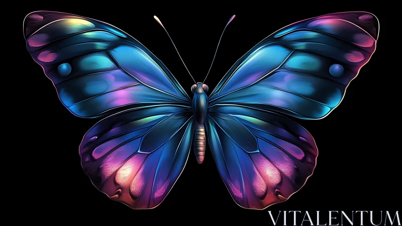 Iridescent cyber butterfly unfurls neon skies across wings