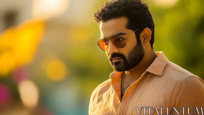 Sunlit man in peach shirt wearing reflective sunglasses.