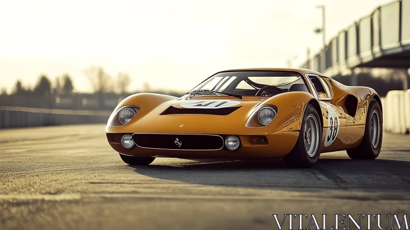 Golden vintage race car basks in gentle evening track light