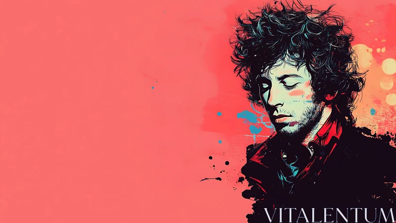 Portrait illustration of curly haired man on coral background.