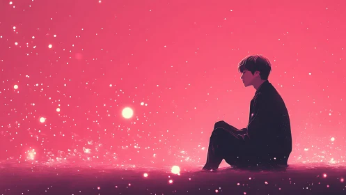 Silhouetted seated figure observes glowing particles calmly