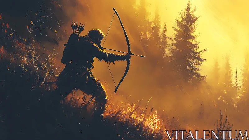 Silhouetted archer draws bow against blazing forest sunset