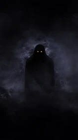 Shadowed wraith silhouette with glowing ember eyes in mist.