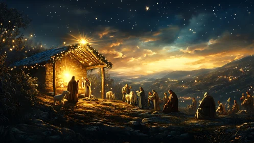 Starlit hillside nativity gathers warmth beneath glowing skies