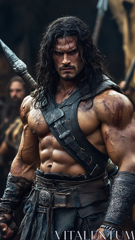 Battle-hardened warrior in leather armor, muscular and scarred.