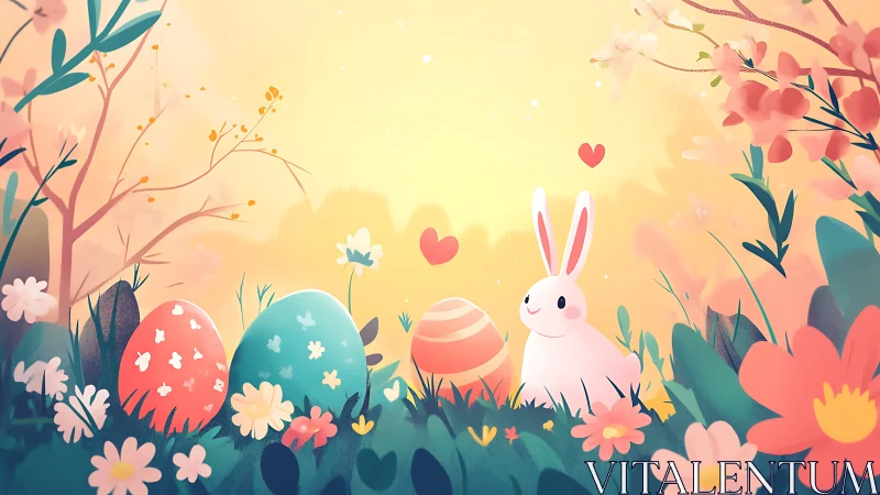 Easter bunny beside pastel eggs in glowing spring meadow.