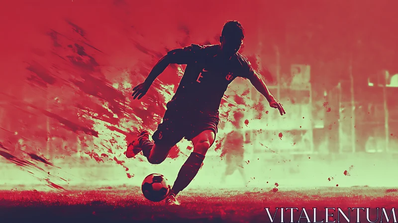 Soccer player striking ball with red dynamic background.