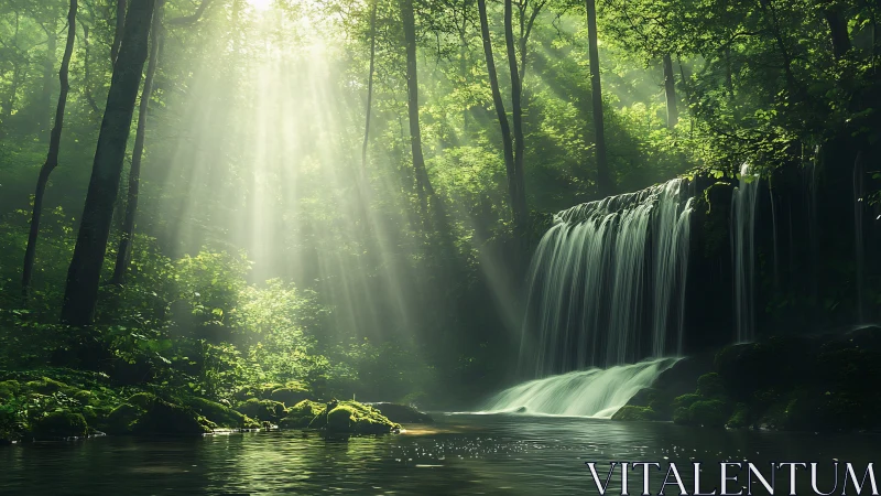 Waterfall cascades through ancient forest with god rays.