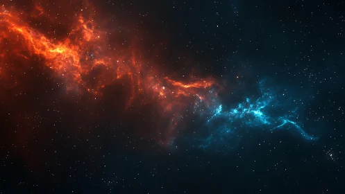 Red and blue interstellar nebula clouds in deep space.