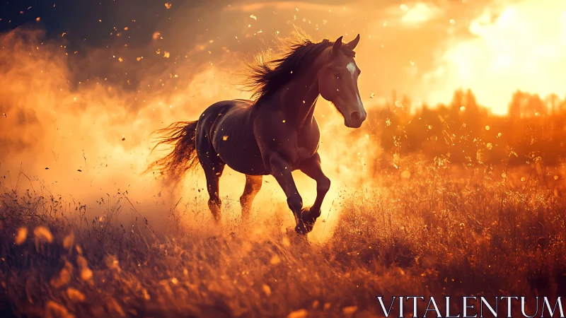 Brown horse running through glowing sunset dust field.