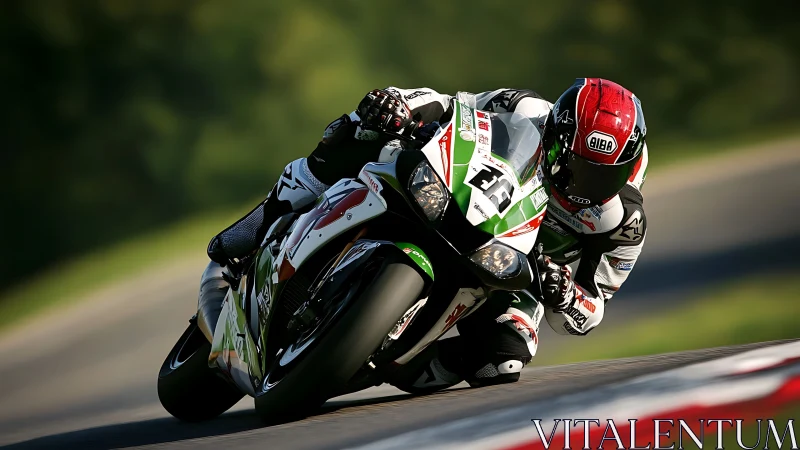 High-speed motorcycle racer leans into a thrilling track corner