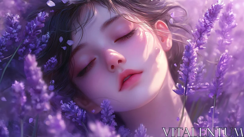 Soft-lit lavender portrait renders serene sleeping face in bloom