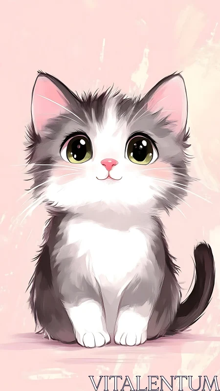 Gray White Kitten with Yellow Eyes on Pink Background