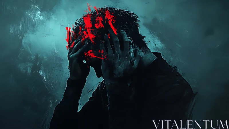 Cracked thoughts burn crimson through a storm of teal silence