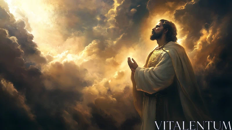 Radiant robed figure praying within a storm of living light.