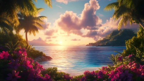 Tropical Paradise Emerges Where Magenta Blooms Kiss Golden Horizons.