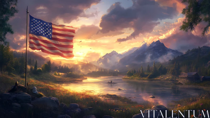 American flag dominates sunset mountain lake landscape
