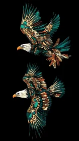 Stylized bald eagles show patterned wings in flight