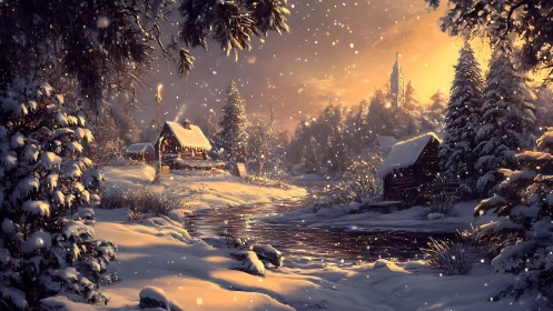 Snow-covered rural settlement is depicted at winter sunset