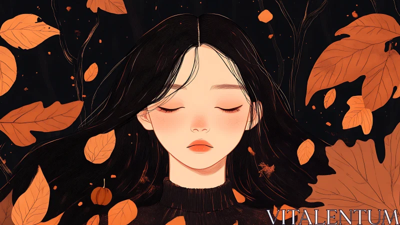 Autumnal portrait of serene girl with falling orange leaves
