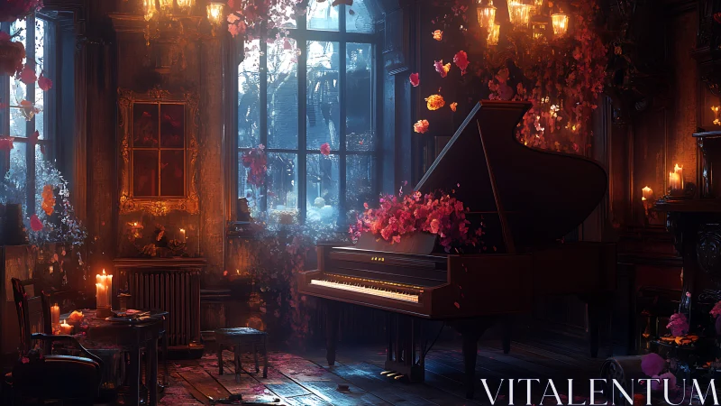 Romantic grand piano in candlelit baroque interior at dusk