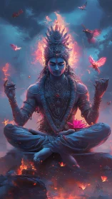 Seated blue figure in lotus pose with flaming halo and birds