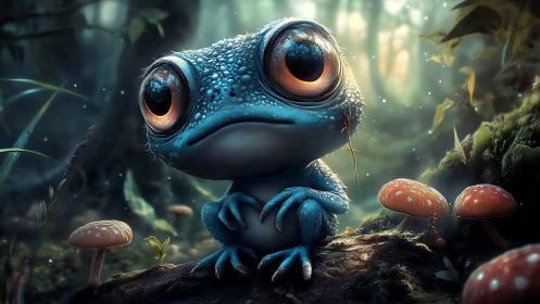Bioluminescent blue frog rendered in cinematic forest close-up