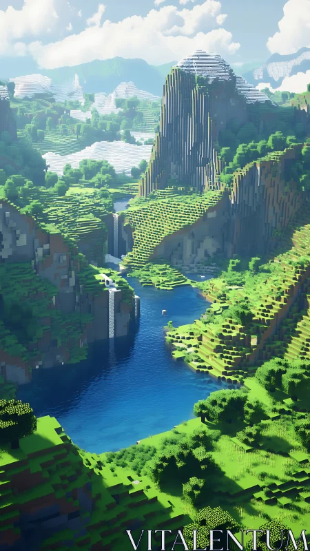Voxel mountain valley with luminous river and cliffs.