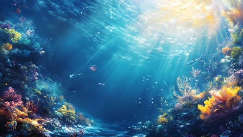 Radiant coral reef valley illuminated by volumetric caustic light shafts