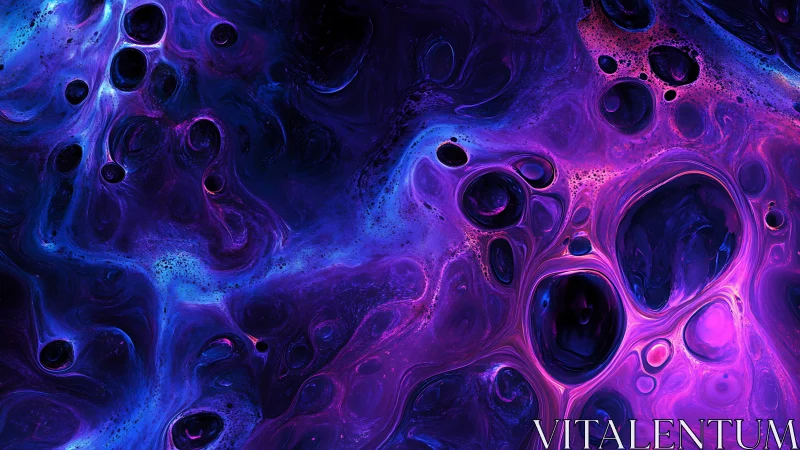 Digital fluid abstraction shows neon purple and blue cells