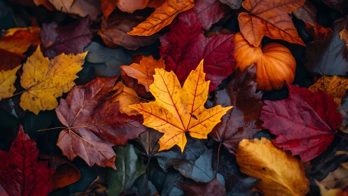 Bright maple leaf on colorful autumn foliage background.