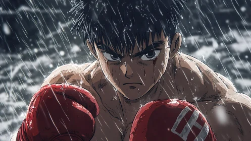 Anime character with determined expression boxing in heavy rain