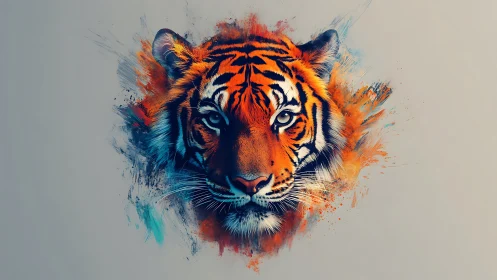 Digital tiger portrait with splatter brushstroke dispersion effect