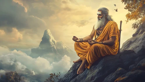 Mountain sage rests in golden light and quiet meditation