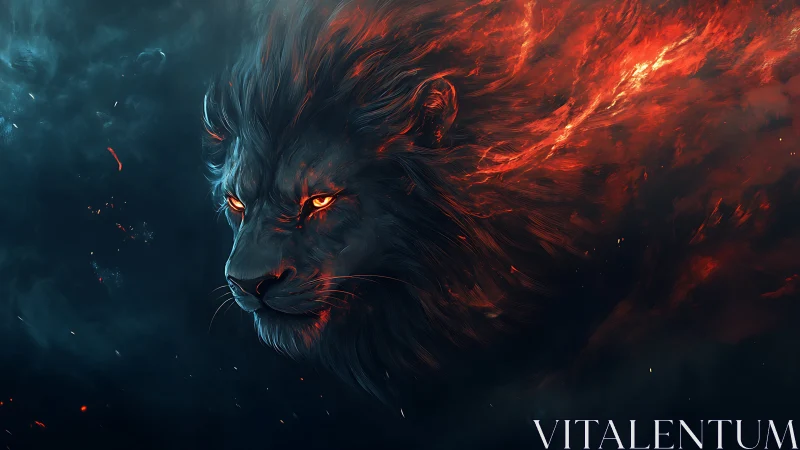 Fiery spectral lion emerging through stormlit embers.