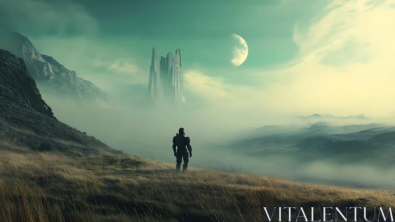 Lone astronaut crossing foggy alien valley toward monolith.