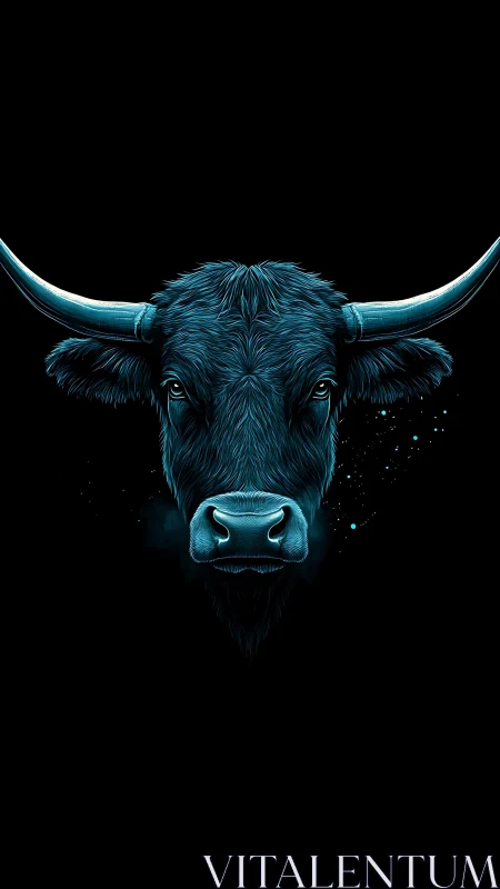 Midnight blue bull gazes calmly from the glowing darkness