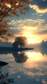 Sunrise over still lake with autumn trees and mirrored reflections