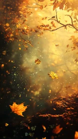 Golden autumn leaves falling through warm forest light.