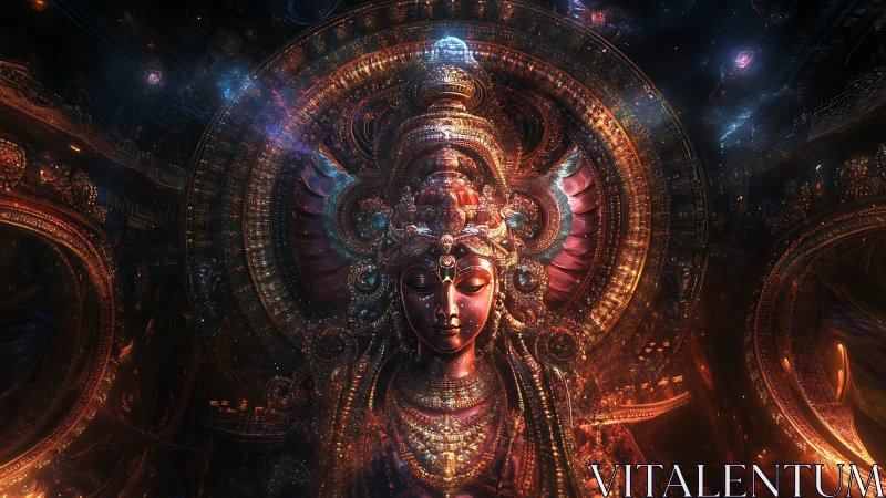 Celestial goddess avatar glows within radiant cosmic halo.