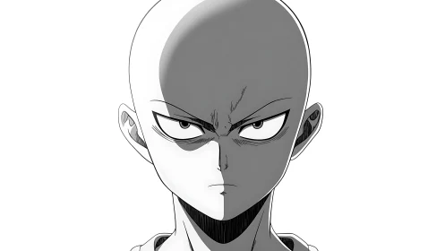 Symmetrical bald anime hero portrait with split tonal shading