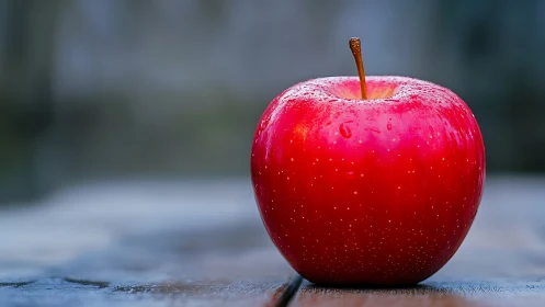 Ruby red apple resting quietly on a cool wooden table.