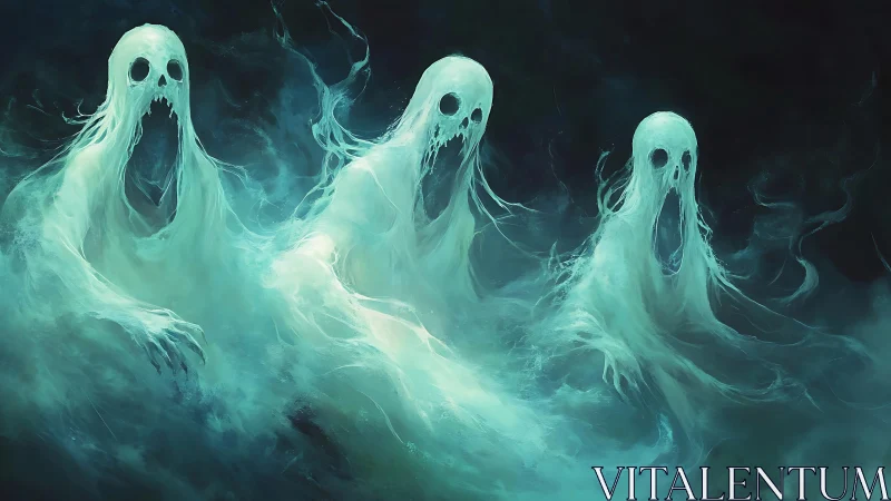 Spectral trio emerging from swirling turquoise mist.