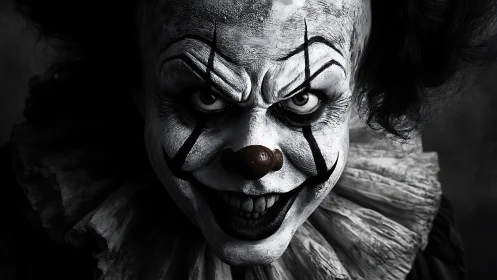 Monochrome horror portrait of menacing theatrical clown visage.