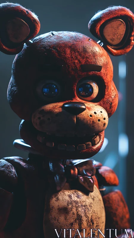 Rusty animatronic bear stares ahead in eerie spotlight.