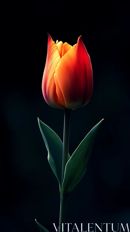 Radiant Red Tulip Against Deep Darkness.