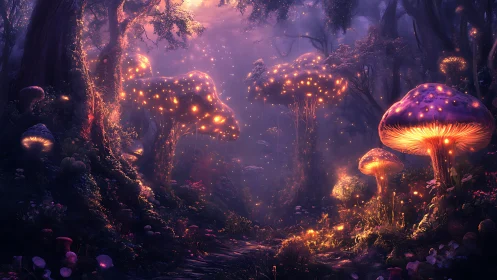 Luminescent Fungal Canopy in Enchanted Twilight Forestscape.