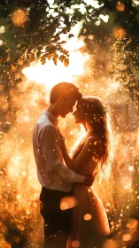 Silhouetted Couple Under Foliage With Golden Light Particles.